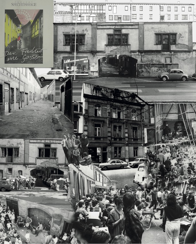 Collage aus historischen Bildern und Dokumenten zur Spechtpassage.